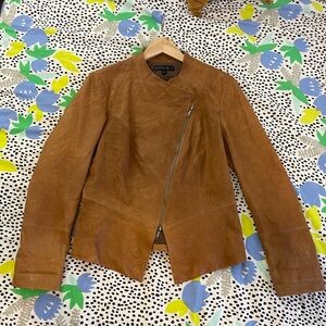 Lafayette 148 cognac leather asymmetrical zip blazer jacket size 8